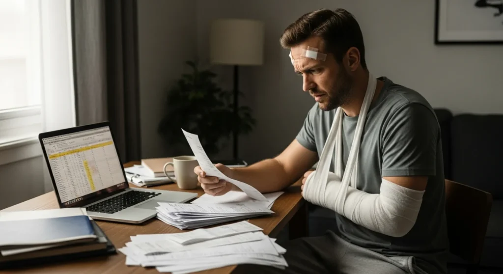 injured accident victim reviewing medical bills