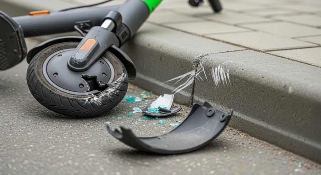 e-scooter accident claim evidence showing damaged scooter and curb area