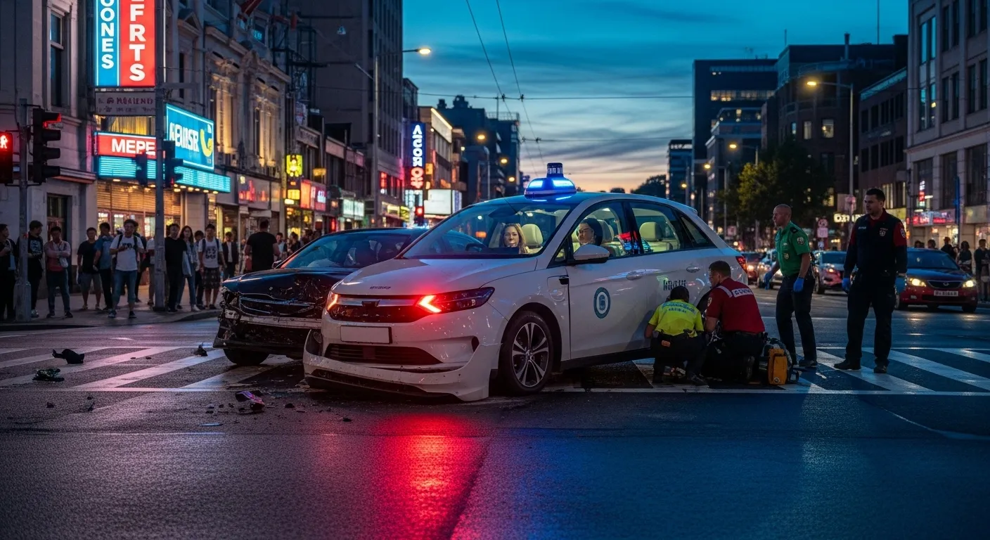 Autonomous taxi stopped after a city crash at dusk