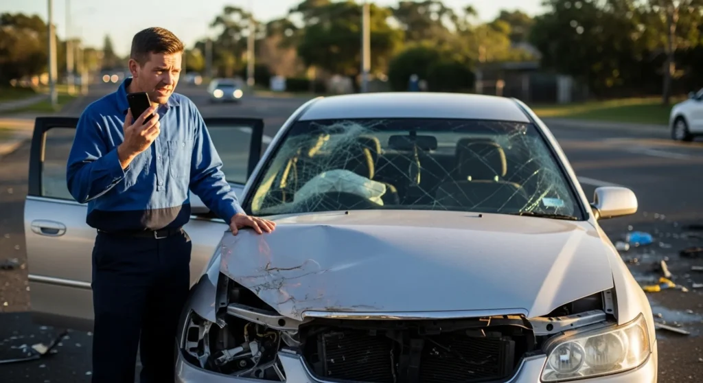 Driver holding a phone near a damaged vehicle after a crash