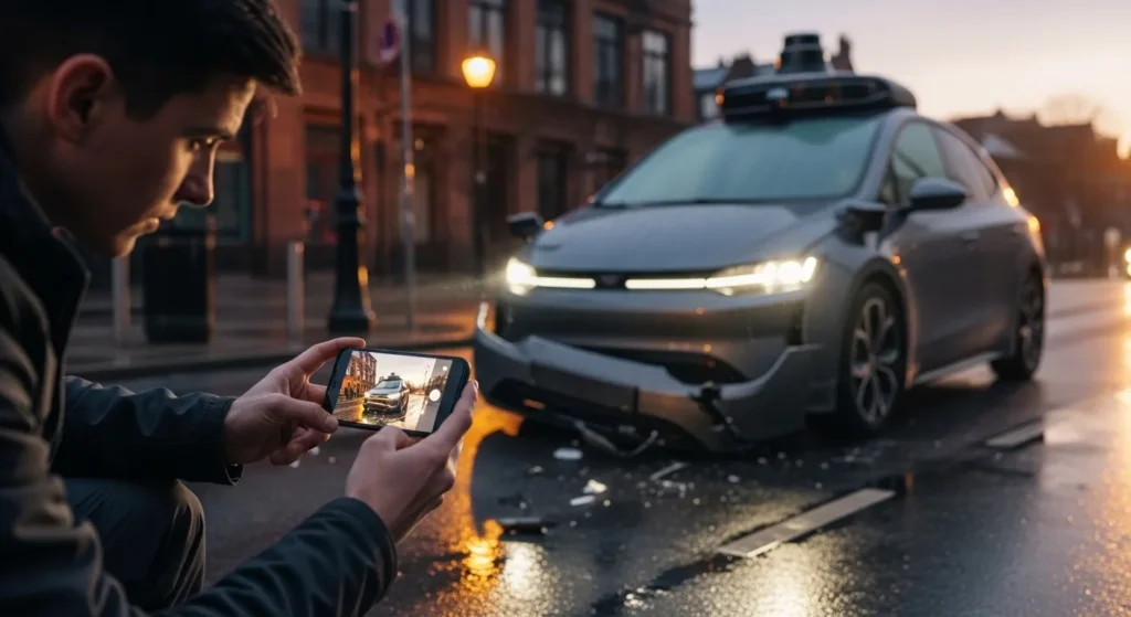 Person photographing a robotaxi crash scene for evidence