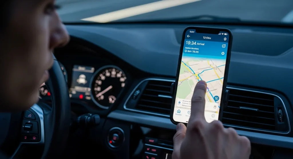 Smartphone and dashboard screen showing possible distracted driving behavior