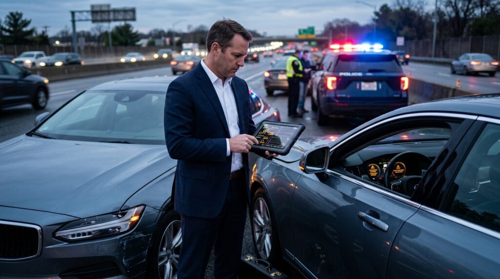 Attorney reviewing evidence for ADAS accident claims after a driver-assist crash