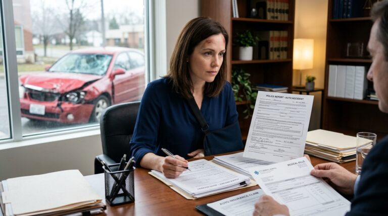 injured driver reviewing uninsured motorist claim paperwork