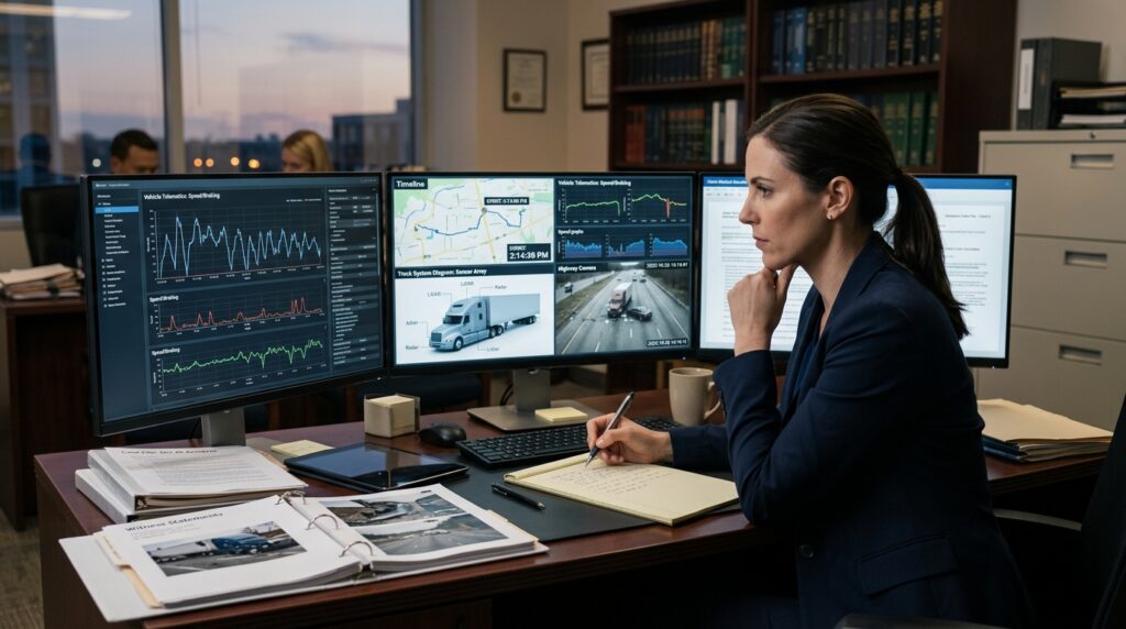 Attorney reviewing autonomous truck crash data, medical records, and highway evidence after an injury claim