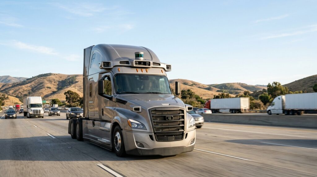Autonomous heavy-duty truck traveling on a highway with cameras and sensors in 2026