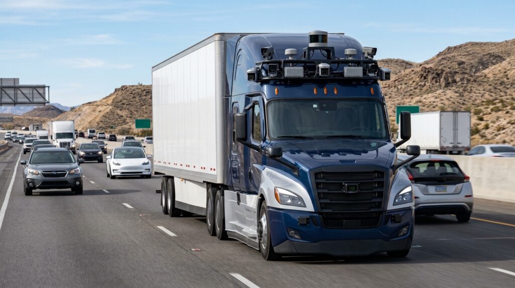 Autonomous semi truck using cameras and sensors while traveling on a highway in 2026
